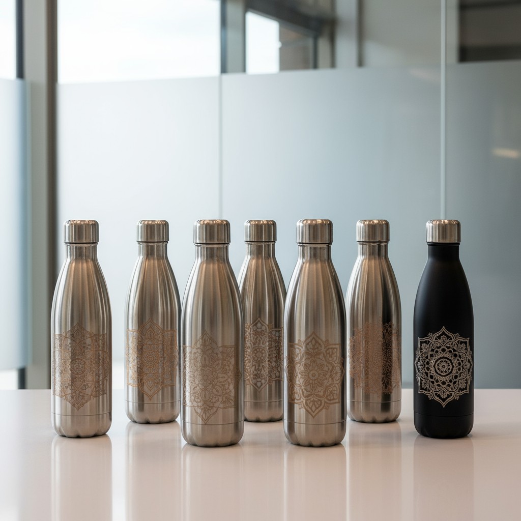 A row of six silver metal water bottles with various mandala patterns, arranged on a shiny white surface against a blurred...
